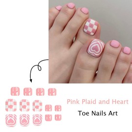 Pink Press on Toenails Short Square Fake Toenails Grid Stick on Toenails with Love Design Glue on Toenails Glossy Artificial Toenails Full Cover Acrylic False Toenails Kit Reusable Toenails for Women