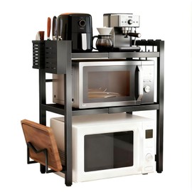 Microwave Oven Rack, Expandable Microwave Stand Countertop Shelf Heavy Duty 3-Tier Shelf with Cutting Board Holder Knife Rack and Chopstick Storage for Kitchen Top Organizer, Holds 55lbs, 6 Hooks