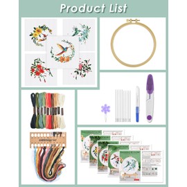 ERKOON ERKOON 5 Sets Embroidery Kit for Beginners,Hummingbird and Flower Cross Stitch Set for Include Embroidery Cloth Hoops Threads for Craft Lover Hand Stitch with Embroidery Skill Techniques