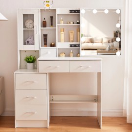 Yamissi 6 Drawer Vanity Set Led Lighted with Sliding Mirror Makeup Dressing Table White