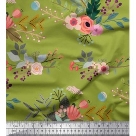 Soimoi Green Velvet Fabric Leaves & Floral Artistic Printed Fabric 1 Yard 58 Inch Wide