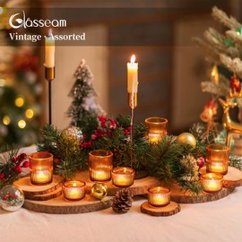 Glass Votive Tealight Candle Holder: Glasseam Amber Ribbed Tea Lights Candle Holder Bulk 24 Small Tea Candle Holder Fall Candle Holders for Table Centerpiece Thanksgiving Christmas Wedding Decor