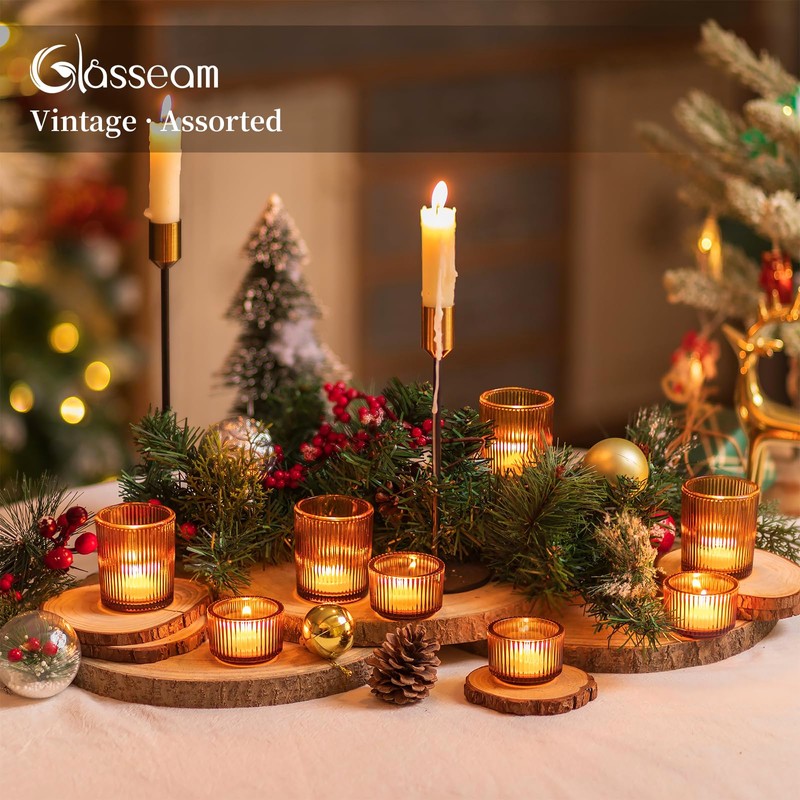 Glass Votive Tealight Candle Holder: Glasseam Amber Ribbed Tea Lights
