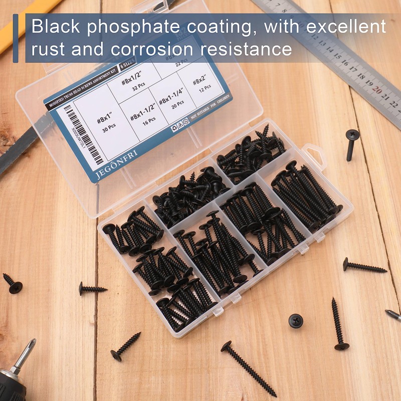 JEGONFRI #8 Modified Truss Head Black Wood Screws Assortment Kit,