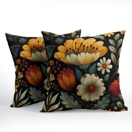 Vintage Boho Floral Pillow Covers 20x20 Inches Yellow Beige Black Throw Pillow Case Set of 2 Spring Flower Pillow Cover Cotton Linen Cushion Cover for Home Couch Sofa Bedroom Livingroom