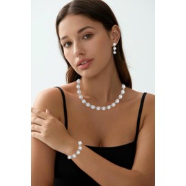 Enrwin Wedding Stunning Crystal Pearl Choker Necklace Bracelet Dangle Earrings Bridal Bridesmaid Prom Jewelry Sets for Women Costume Accessories (White-Platinum Plated)