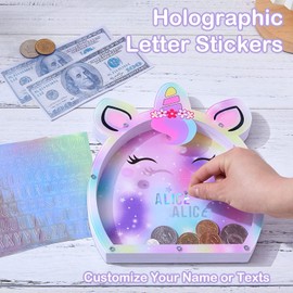 Piggy Bank for Kids Girls Customize Name Coin Bank Unicorn Money Bank for Girls, Transparent Piggy Banks for Girls with Letter Stickers