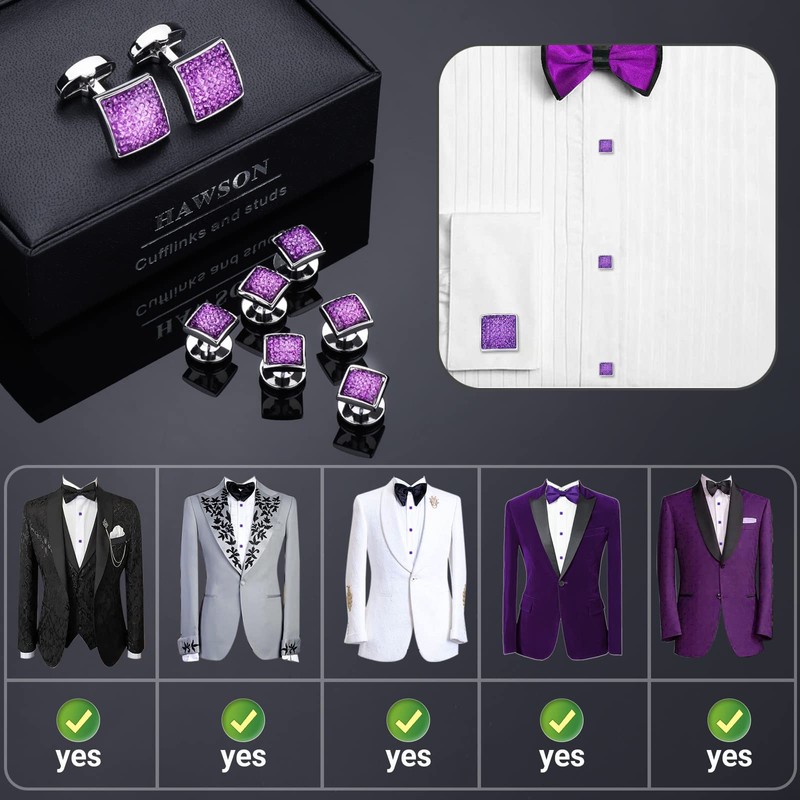 HAWSON Graceful Square Purple Crystal Man Tuxedo Cufflinks Shirt Studs