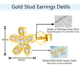 Gold Stud Earrings for Women Girls, Sterling Silver Flower Stud Earrings - Small Stud Earrings with Cubic Zirconia, Hypoallergenic Cartilage Sleeper Earrings Jewellery Gifts for Birthday Christmas