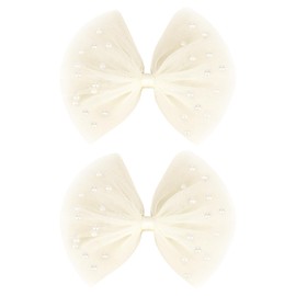 White Hair Bow with Pearls - 2 Pcs Bow Hair Clips, Elegant Hair Accessories for Wedding Birthday Party School