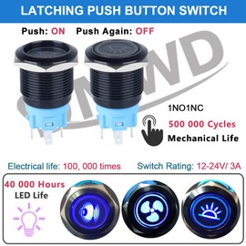 DMWD 1pc 19mm Interior Lights Switch Latching Push Button Switch 12V-24V ON-Off 1NO 1NC SPDT 3/4" Mounting Hole with Pre-Wired Socket for Car Truck Boat Modification Black Shell Blue LED