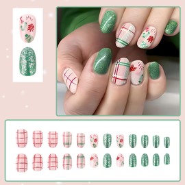 RIICFDD Christmas Press on Nails Short Almond Fake Nails Green Glitter Acrylic Nails Xmas Tree Glue on Nails Christmas Socks Stick on Nails Full Cover False Nails for Women Nail Decor 24 Pcs