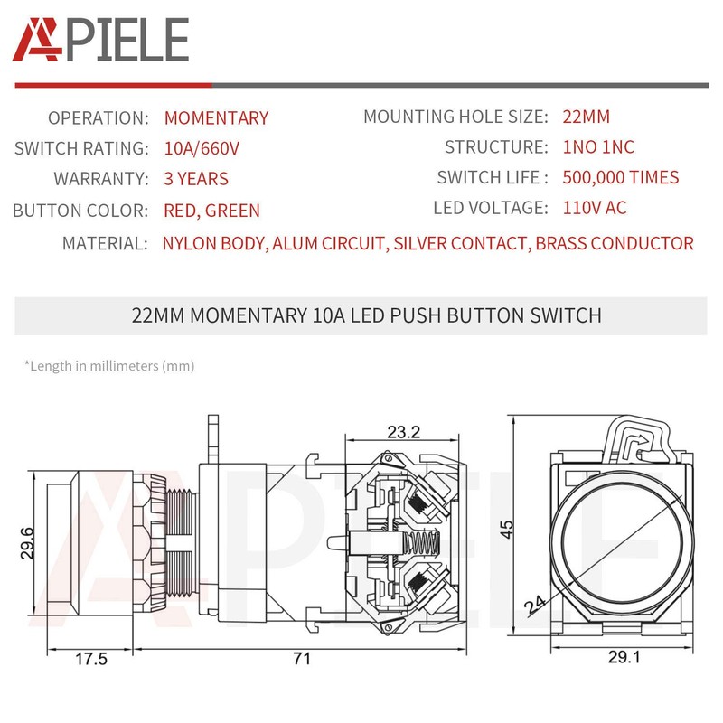 APIELE 22mm Momentary Push Button Switch Plastic Body Metal Head