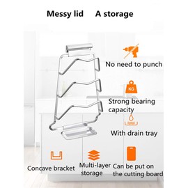 Pot Lid Rack Cooking Utensil Wall Mounted Home Organizer Kitchen Save Space Restaurant Clean Anti Corrosion Storage Holder Multifunction Modern Cutting Board with Draining Design (Gold)