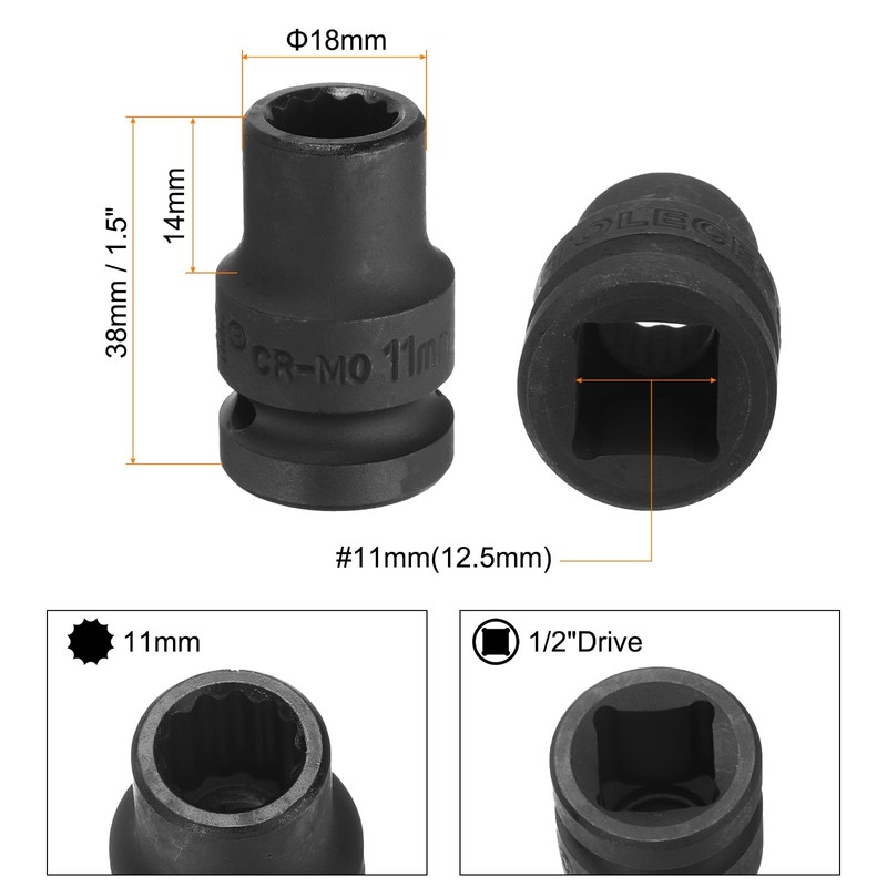 sourcing map 1/2" Drive x 11mm Shallow Impact Socket 12-Point
