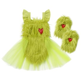 Toddler Baby Girl Christmas Heart Faux Green Fur Costume Tulle Tutu Romper Dress with Green Fuzzy Fur Leg Warmers Socks Santa Hat Costumes Princess Party Xmas Holiday Outfit Clothes Set Green 2PCS 0-6 Months