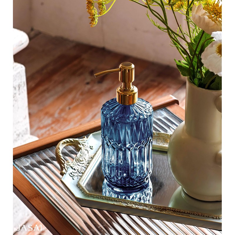JASAI 18Oz Blue Glass Soap Dispenser with Golden Pump, Refillable