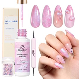 Beetles Pearl Pink Gel Nail Polish,Pearlescent Pink Mermaid Nail Drawing Gel Nail Art Polish Soak Off Uv Led Shimmer Gel Liner Nail Art with Dotting Pen & Heart Nail Charms for Women