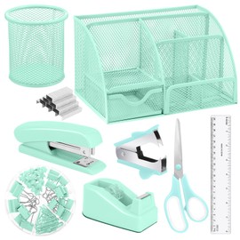 auroray Green Desk Organizers and Accessories, Teal Office Supplies Set Green Mesh Desk Organizer, Stapler, Tape Dispenser, 1000 Staples, Staple Remover, Pen Holder, Clips Set, Ruler, Scissors