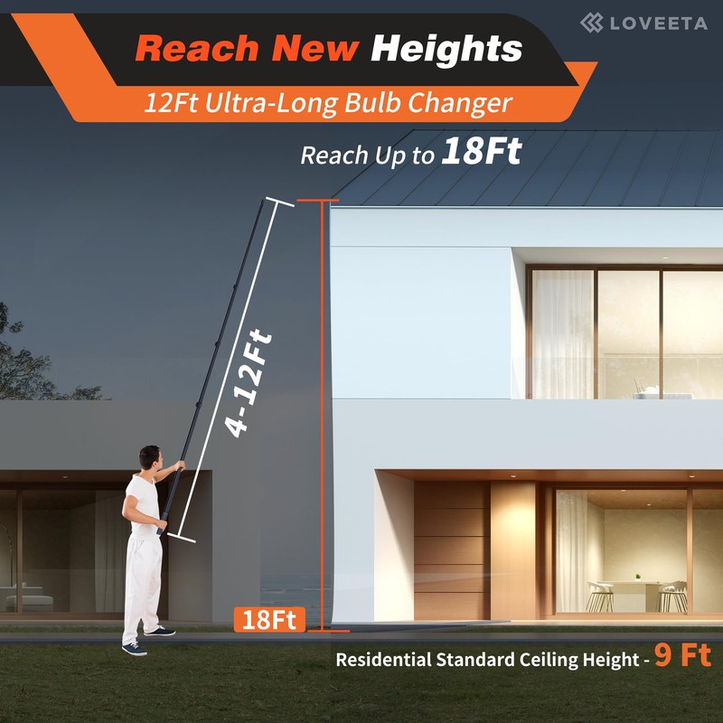 LOVEETA® Gen2 12Ft [18Ft Reach] Extendable Light Bulb Changer Pole