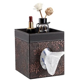 Sumnacon Leather Square Tissue Box Cover - Decorative Cube Tissue Box Holder with Tray, Stylish Facial Tissue Holder for Bathroom Vanity Dresser Table Home Office Bar, Brown Flower