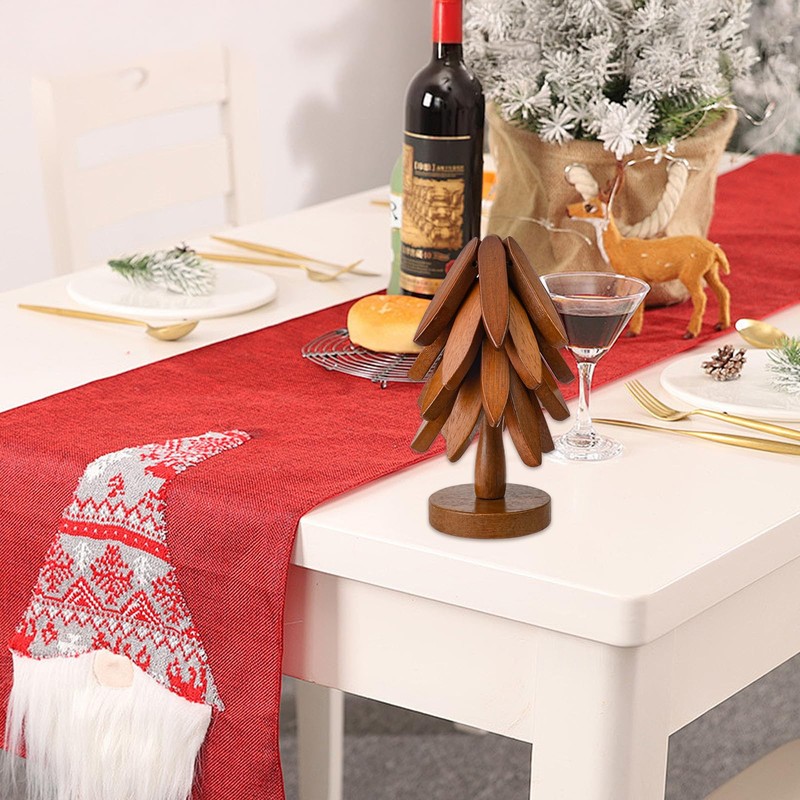 4 Wooden Hot Food Coasters with 1 Stand, Table Insulation
