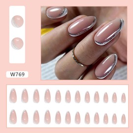 Press on Nails Almond French Tip 24Pcs Glossy Full Cover Medium Acrylic False Nails with Silver Line Designs Natural Artificial Fake Nails Set with Glue Stick on Fingernails for Women Girls