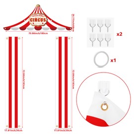 Hooqict Carnival Decorations 3 Pcs Circus Tent Decorations Red and White Striped Awning Porch Banner for Circus Carnival Theme Party Decorations Circus Sign Party Tent
