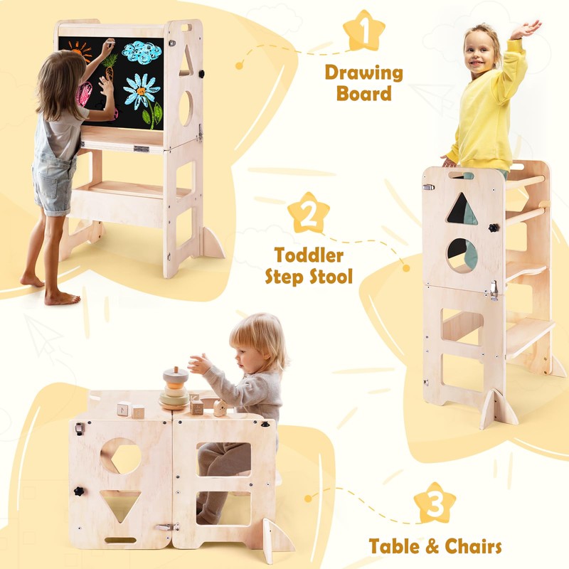 4-in-1 Toddler Kitchen Step Stool, Foldable Learning Standing Tower with