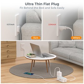 Surge Protector Flat Extension Cord Indoor, TESSAN Flat Plug Power Bar with 4 Multiple Outlets, 3 USB A Ports, 10 Feet Small Power Strip Wall Mounted for Home Office Dorm Room, Gray