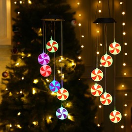 Glooglitter 2 Packs Christmas Solar Wind Chimes Lollipop Candy Solar Wind Chimes Color Changing Lights Mobile Hanging LED Color Changing Wind Chime for Indoor and Outside Garden Patio Yard Decoration