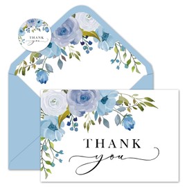 Whaline 24 Pack Blue Floral Thank You Cards Bulk Watercolor Flower Thank You Note Cards with Envelope Sticker for Thanksgiving Wedding Bridal Shower Birthday