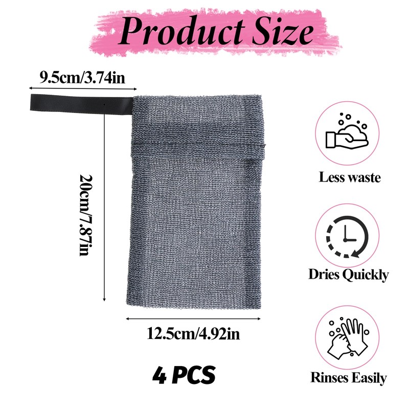 4 Pcs Exfoliating Soap Bag, Soap Scrubber Pouch, Double Layer