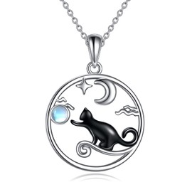 POPLYKE Black Cat Necklace for Women Sterling Silver Moonstone Jewelry(round)