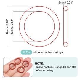 MECCANIXITY Silicone O-Ring 13mm ID 17mm OD 2mm Width Metric VMQ Sealing Gasket Replacement 50A Durometer for Plumbing Compressor Faucets Valves Repair (Red, Pack of 50)