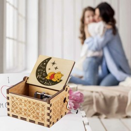 Pooh Wood Music Box Valentine Day Gift for Daughter Son Wife, Love You to The Moon and Back Anniversary Birthday Gifts for Husband Play You are My Sunshine