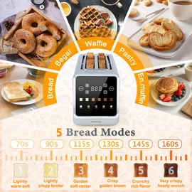 Long Slot Toaster 4 Slice, Touch Screen LED Display, 1.5” Extra Wide Slots for Thick Bread & Bagels, Countdown Timer, Memory Function, Dual Independent Control, 6 Shade Settings, Stainless Steel