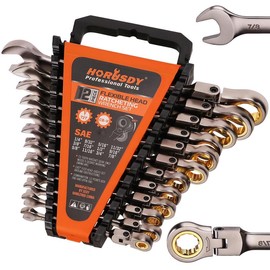 HORUSDY Flex-Head Ratcheting Wrench Set | Metric and SAE | Ratchet Combination Wrenches Set with Organizer | 72-Teeth | Chrome Vanadium Steel Hardware:_12-piece Flex-Head Ratcheting Wrench(SAE)