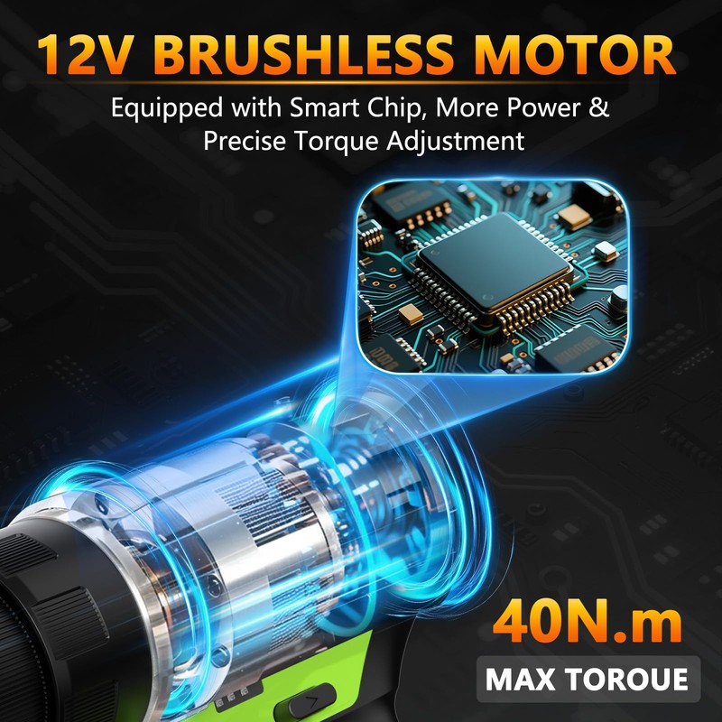 WorkBless 12V Brushless Power Drill, Cordless Drill with LCD Smart