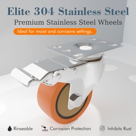 QXYJLCN 3 Inch 304 Stainless Steel Caster Wheels with Brake, Set of 2, 360° Swivel Rust-Resistant Industrial Casters for Kitchen, Restaurant, Lab, Hospital, Furniture, Workbench