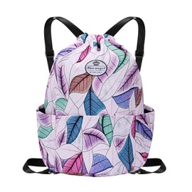 HUA ANGEL Drawstring Backpack, Floral Print String Backpack Cinch Drawstring Sackpack for Men Women Sport Gym Sack with Side Pocket, Z-white Leaves, Travel Backpacks