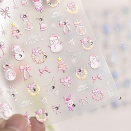 5D Embossed Christmas Nail Art Stickers Pink Snowman Nail Stickers Self-Adhesive Elk Bow Crystal Ball Wreath Snowflakes Nail Decals for Women Girls Winter Xmas Holiday Manicure DIY Nail Supplies