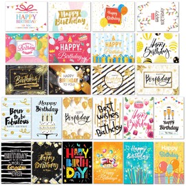 DEEPLAY Birthday Card 24 Pack, Bulk Glossy Blank Greeting Card Box Set, Multipack Funny Holographic Gold Foil Happy Birthday Cards Assortment for Friend Adult Teen, 4.7" X 6.7" with Envelops and Cute Stickers