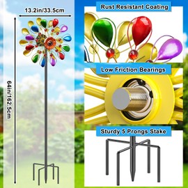 MeyRolizn 64 inch Garden Wind Spinner, Outdoor Wind Sculpture with 5 Prong Base Stand, Metal Windmill for Lawn Yard Outdoor Art Decorations (B-Colorful)