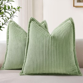 decorUhome Corduroy Sage Green Throw Pillow Covers 18x18 Set of 2 Decorative Soft Striped Couch Neutral Farmhouse Pillow Covers with Broadside for Living Room Bed Sofa