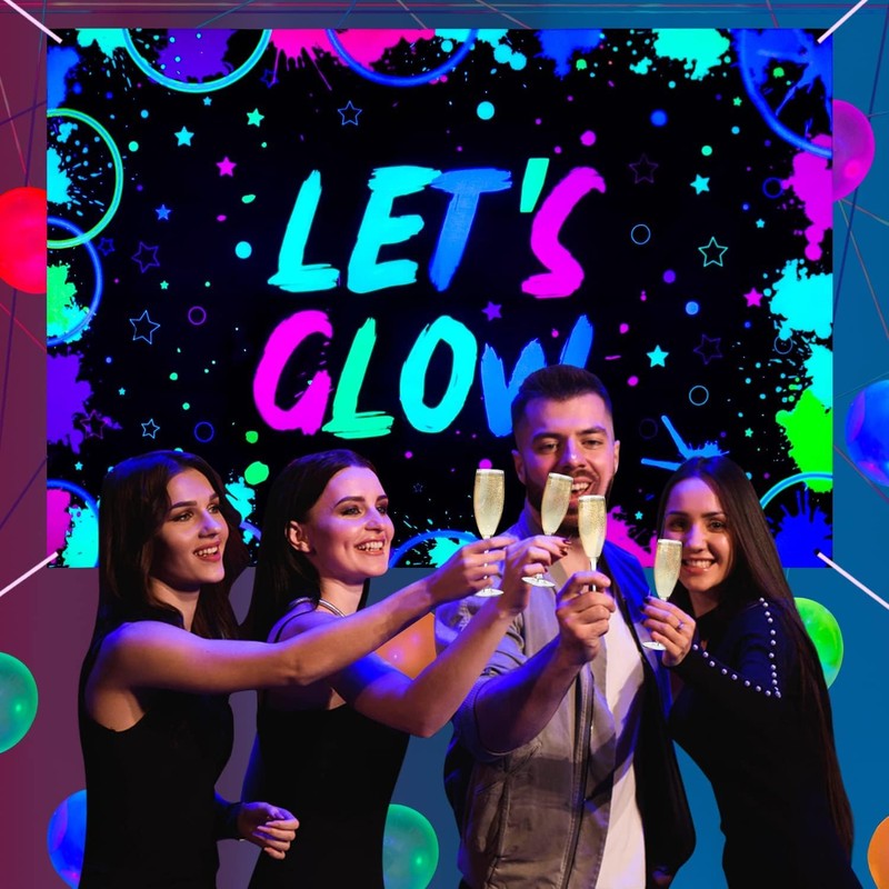 Glow Neon Birthday Backdrop - Let's Glow Banner for Black