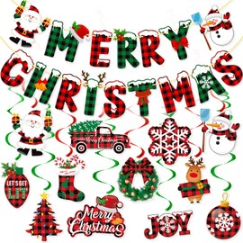 Buffalo Plaid Merry Christmas Banner, Christmas Hanging Swirls, Christmas Office Decorations, Buffalo Plaid Xmas Decor, Christmas Party Decorations, Winter Holiday Party Decorations for Office, 14Pcs