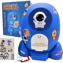 Rocket Ship Piggy Bank for Boys Money Safe Astronaut Piggy Banks for Kids Cash Coin Can ATM Bank Coin Money Bank for Kids with Key Astronaut Sticker Practical Gifts for Children Boys and Girls (Blue) - Color: Pink White