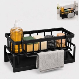 LMSAWK Kitchen Sink Organiser Sink Caddy, Carbon Steel Sponge Holder with Removable Dish Cloth Hanger, Organises Sponges, Dish Cloths and Sink Accessories for Kitchen and Bathroom, Black