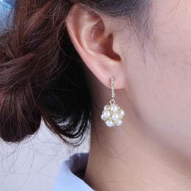 Yienate Boho Cluster Pearl Huggie Earrings French Bouquet Ball Pearl Drop Earring Statement Wedding Bridal Simulated Pearl Cluster Earrings Fireworks Rhinestone Pearl Earrings Jewelry for Women